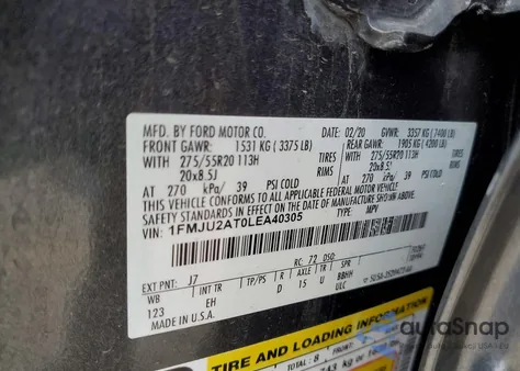 2020 Ford Expedition Limited z USA, uszkodzony, nr VIN 1FMJU2AT0LEA40305